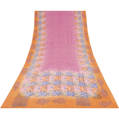 Sanskriti Vintage Sarees Pink 100%Pure Crepe Silk Printed Sari 5+yd Craft Fabric