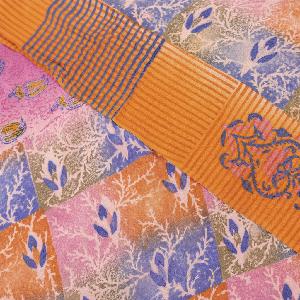 Sanskriti Vintage Sarees Pink 100%Pure Crepe Silk Printed Sari 5+yd Craft Fabric