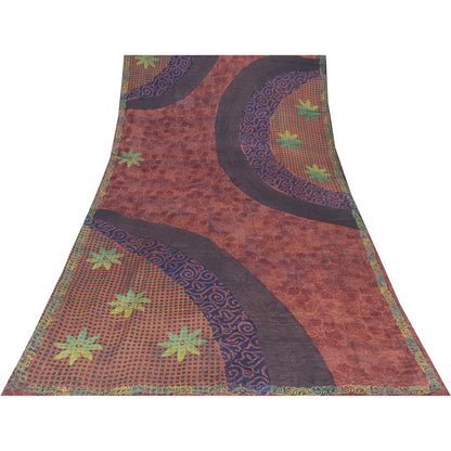 Sanskriti Vintage Sarees Brown Pure Crepe Silk Printed Sari 5+yd Craft Fabric