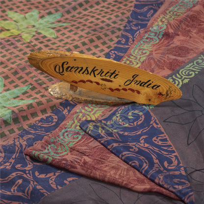 Sanskriti Vintage Sarees Brown Pure Crepe Silk Printed Sari 5+yd Craft Fabric