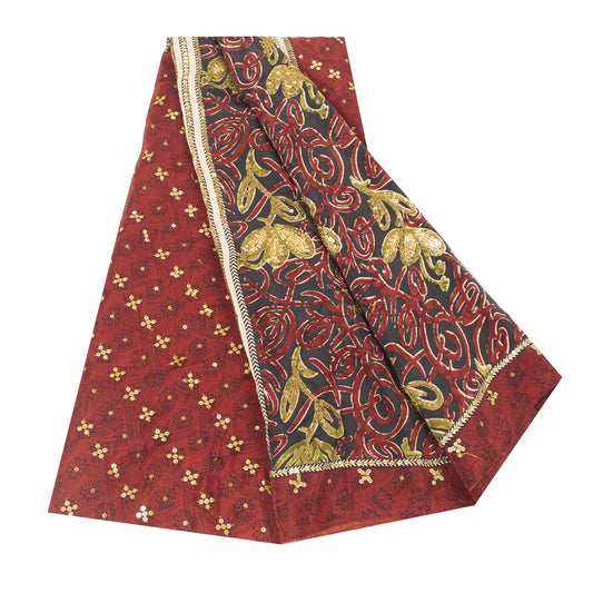Sanskriti Vintage Sarees Red Pure Crepe Floral Print Sequin Sari 5+yd Home Decor