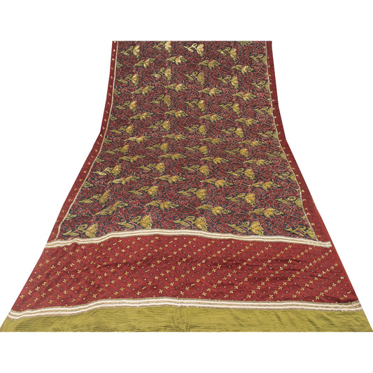 Sanskriti Vintage Sarees Red Pure Crepe Floral Print Sequin Sari 5+yd Home Decor