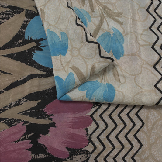 Sanskriti Vintage Sarees Ivory Pure Crepe Silk Printed Sari 5+yd Craft Fabric