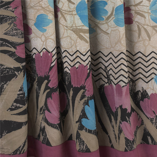 Sanskriti Vintage Sarees Ivory Pure Crepe Silk Printed Sari 5+yd Craft Fabric