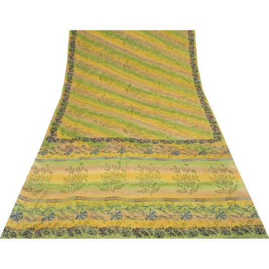 Sanskriti Vintage Sarees Multicolor Pure Crepe Embroidery Print Sari 5+yd Fabric