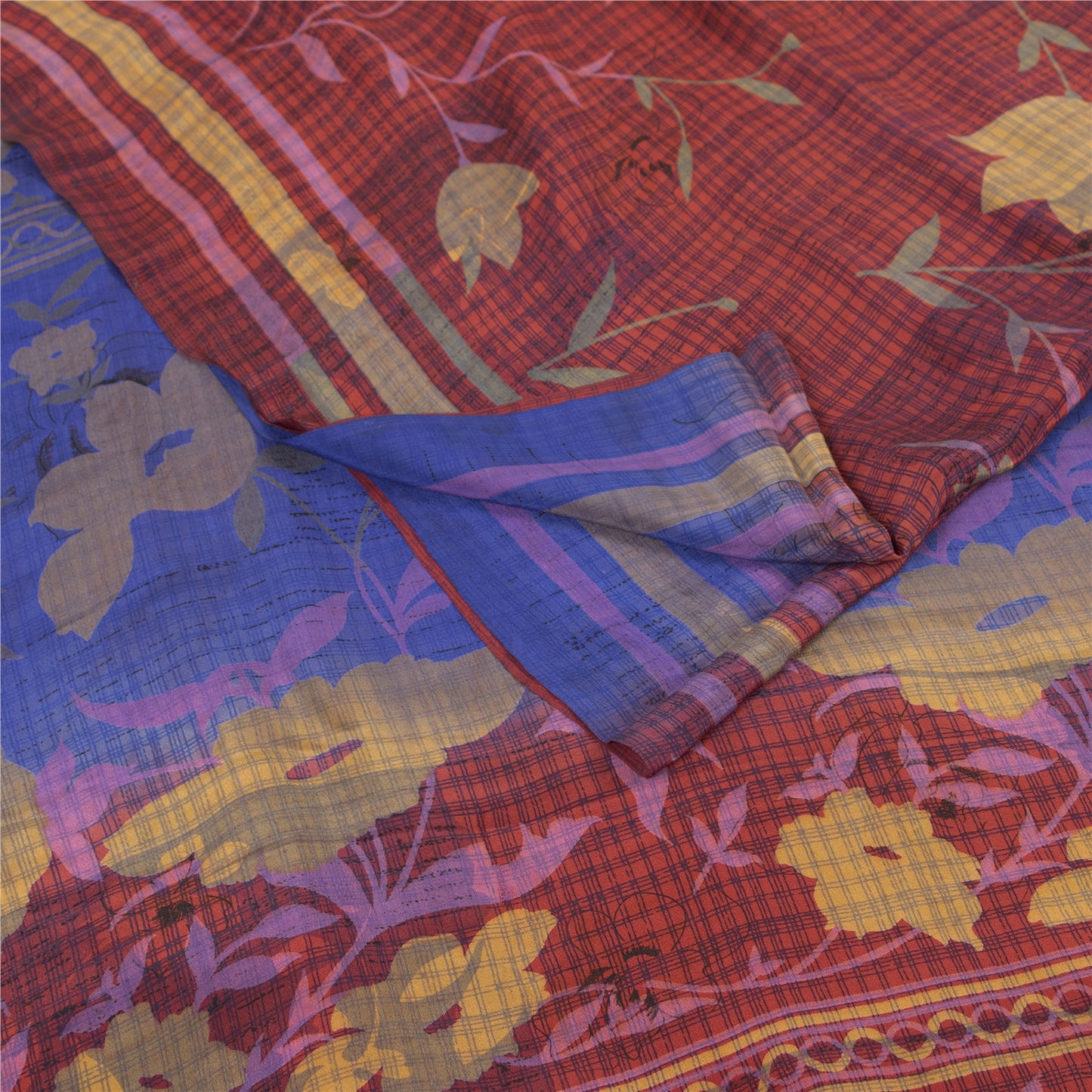 Sanskriti Vintage Sarees Blue & Red Pure Crepe Printed Sari 5+yd Craft Fabric