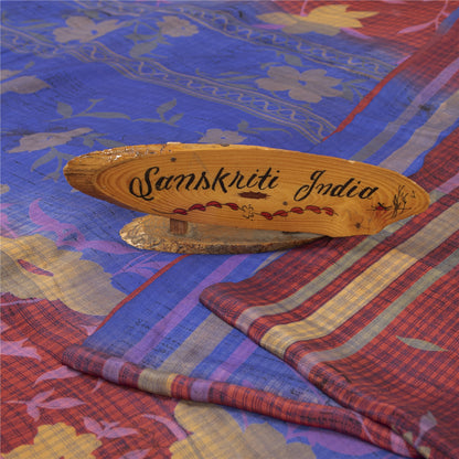 Sanskriti Vintage Sarees Blue & Red Pure Crepe Printed Sari 5+yd Craft Fabric
