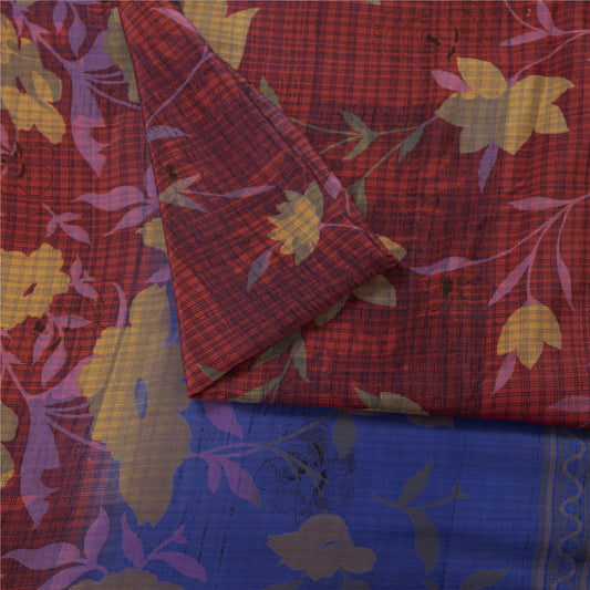 Sanskriti Vintage Sarees Blue & Red Pure Crepe Printed Sari 5+yd Craft Fabric