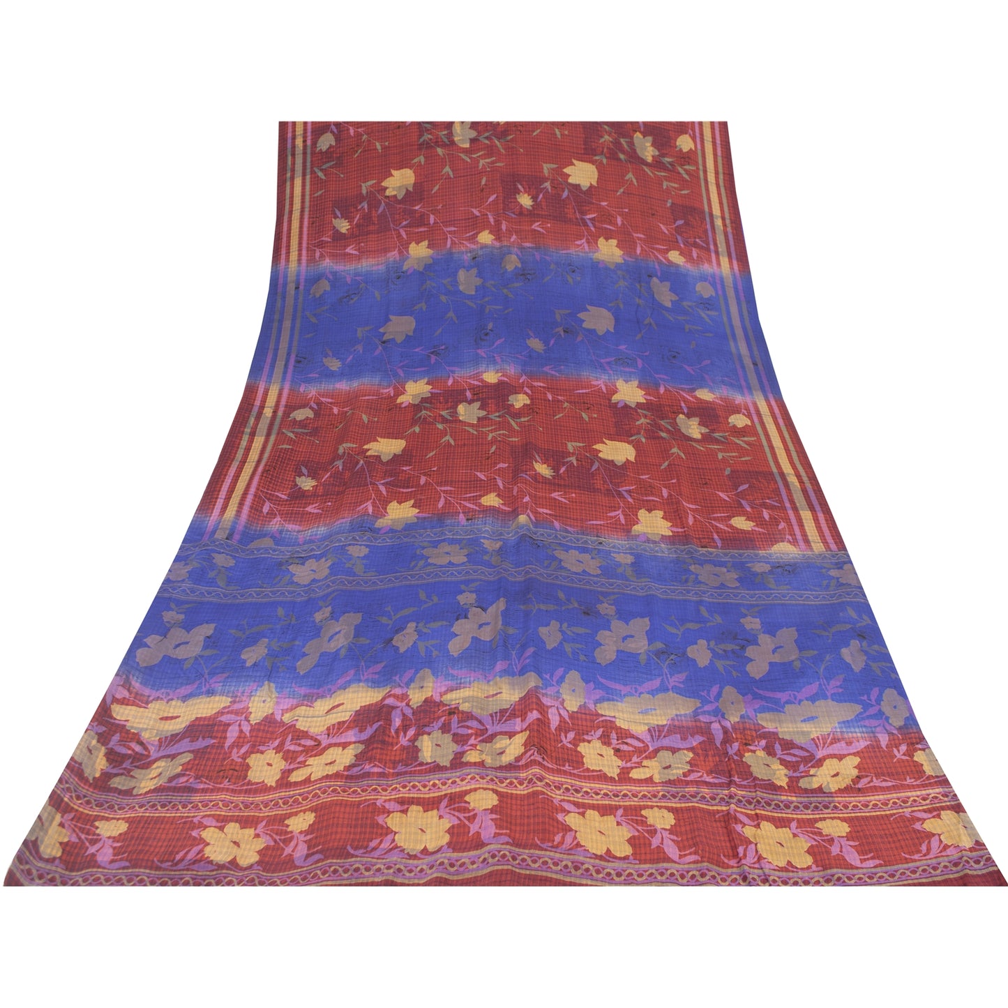Sanskriti Vintage Sarees Blue & Red Pure Crepe Printed Sari 5+yd Craft Fabric
