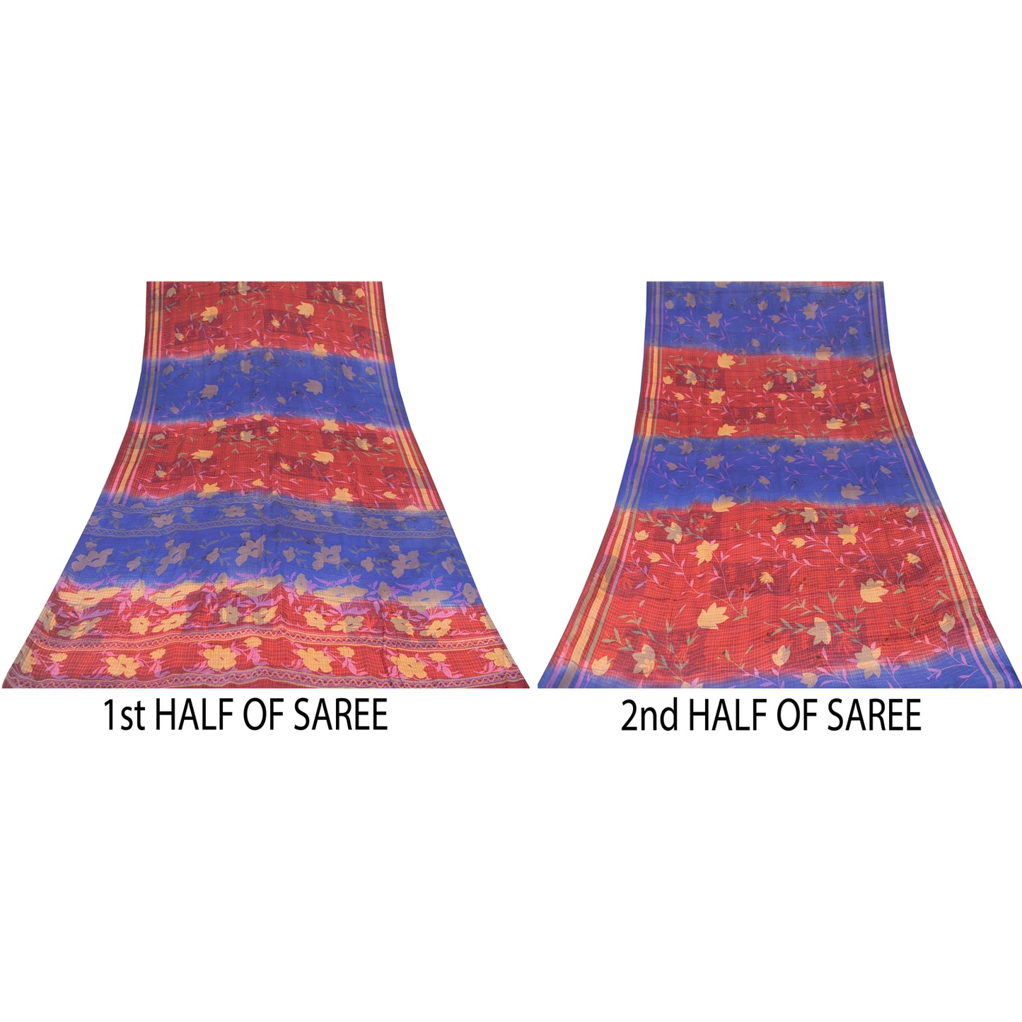 Sanskriti Vintage Sarees Blue & Red Pure Crepe Printed Sari 5+yd Craft Fabric