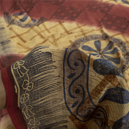 Sanskriti Vintage Sarees Red & Cream Pure Crepe Printed Sari 5+yd Craft Fabric