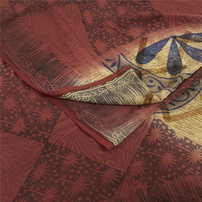 Sanskriti Vintage Sarees Red & Cream Pure Crepe Printed Sari 5+yd Craft Fabric