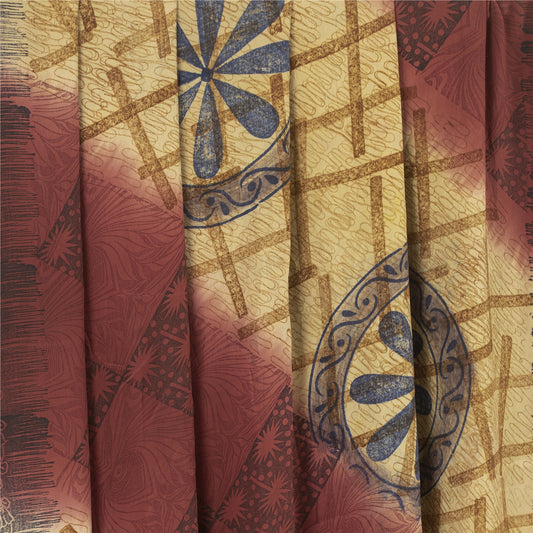 Sanskriti Vintage Sarees Red & Cream Pure Crepe Printed Sari 5+yd Craft Fabric