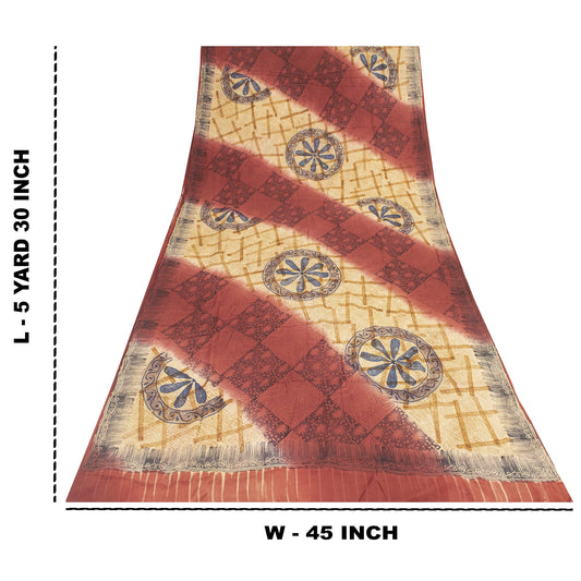 Sanskriti Vintage Sarees Red & Cream Pure Crepe Printed Sari 5+yd Craft Fabric