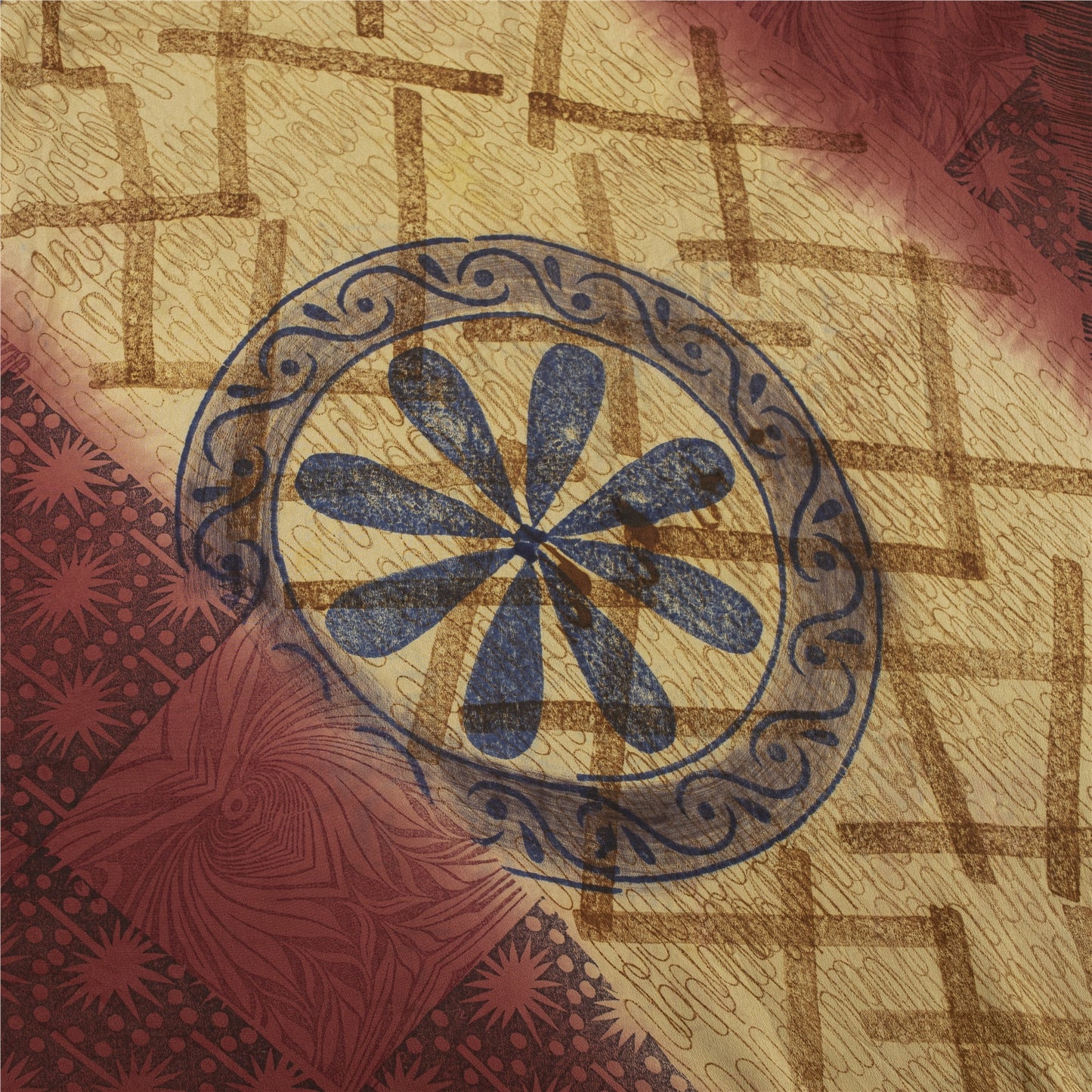 Sanskriti Vintage Sarees Red & Cream Pure Crepe Printed Sari 5+yd Craft Fabric