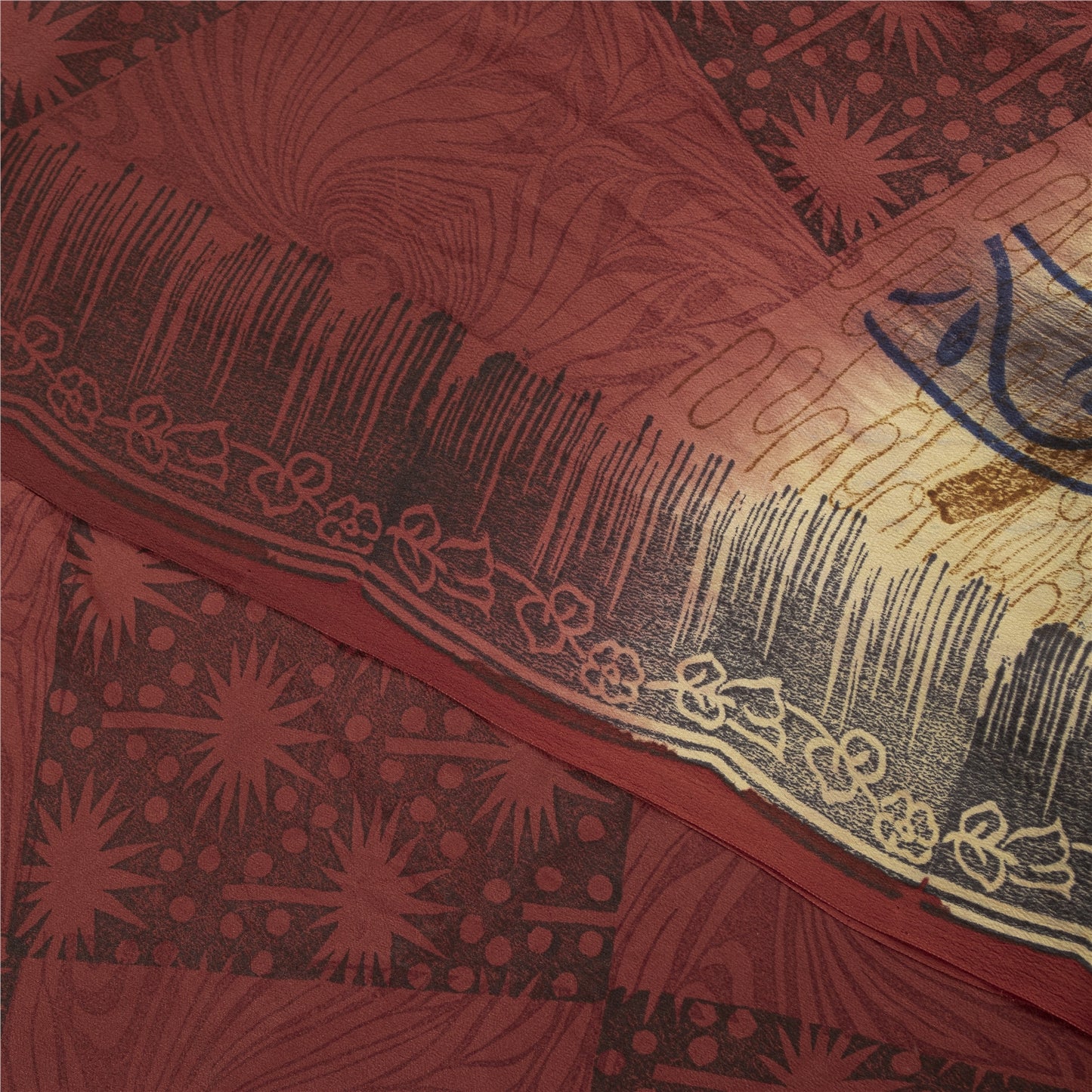 Sanskriti Vintage Sarees Red & Cream Pure Crepe Printed Sari 5+yd Craft Fabric