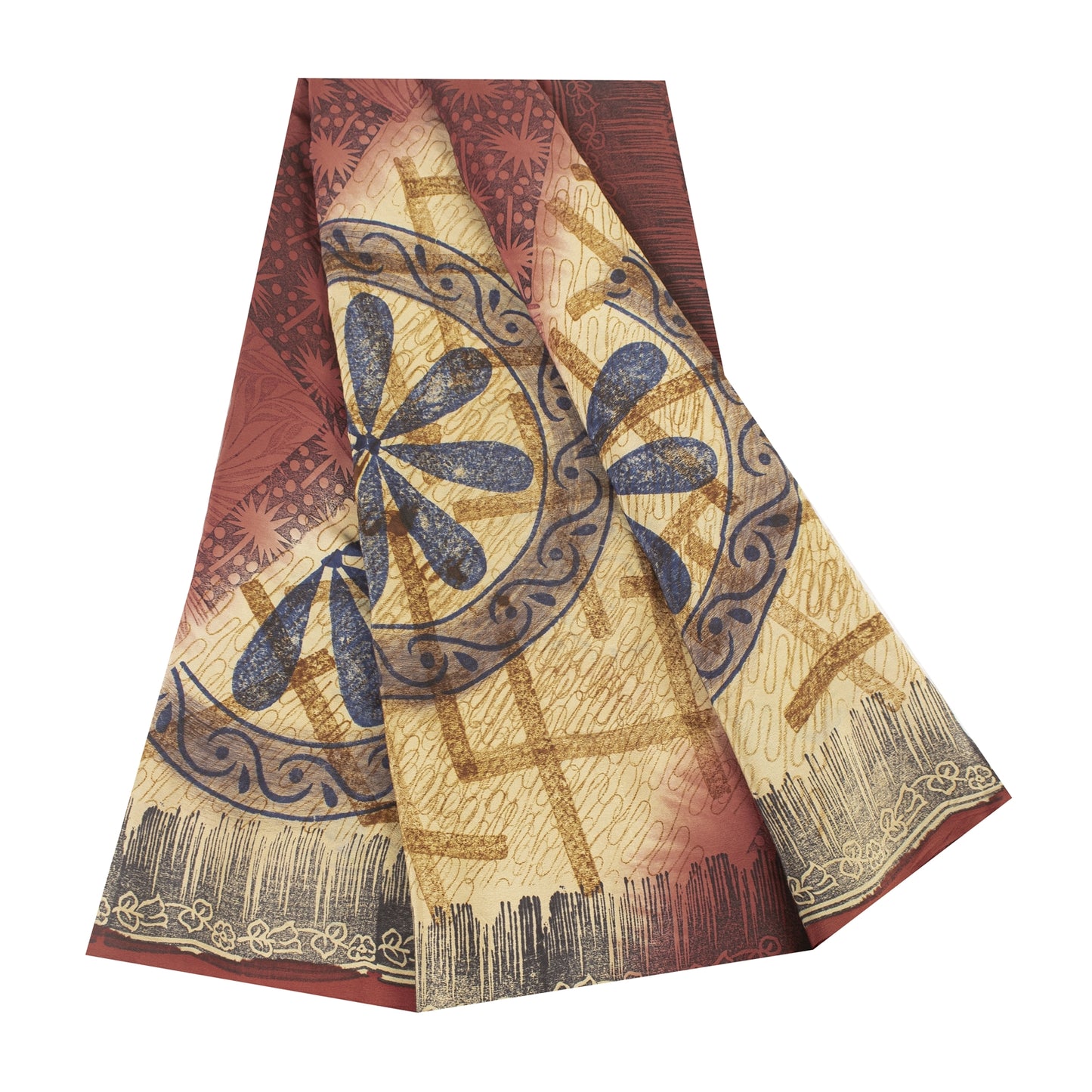 Sanskriti Vintage Sarees Red & Cream Pure Crepe Printed Sari 5+yd Craft Fabric