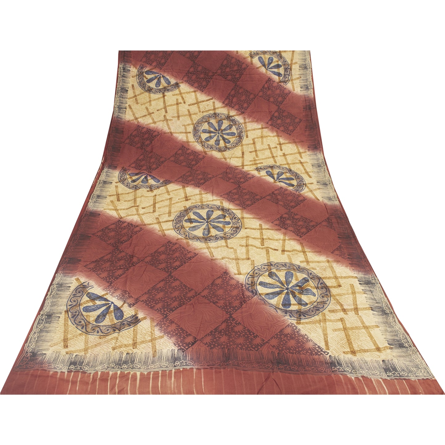 Sanskriti Vintage Sarees Red & Cream Pure Crepe Printed Sari 5+yd Craft Fabric