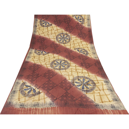 Sanskriti Vintage Sarees Red & Cream Pure Crepe Printed Sari 5+yd Craft Fabric