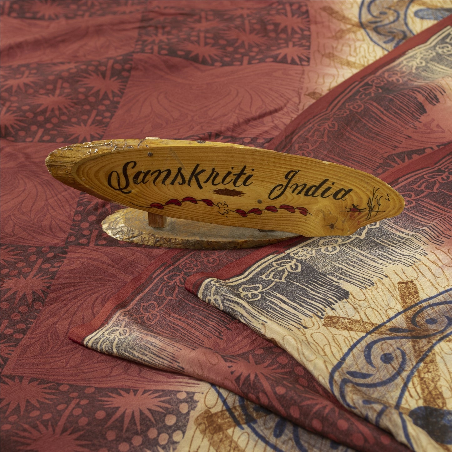 Sanskriti Vintage Sarees Red & Cream Pure Crepe Printed Sari 5+yd Craft Fabric