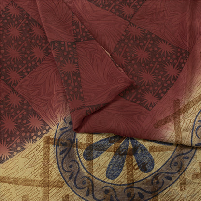 Sanskriti Vintage Sarees Red & Cream Pure Crepe Printed Sari 5+yd Craft Fabric