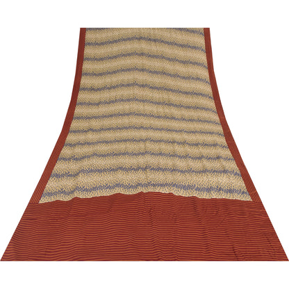 Sanskriti Vintage Sarees Cream & Red Pure Crepe Abstract Print Sari 5+yd Fabric
