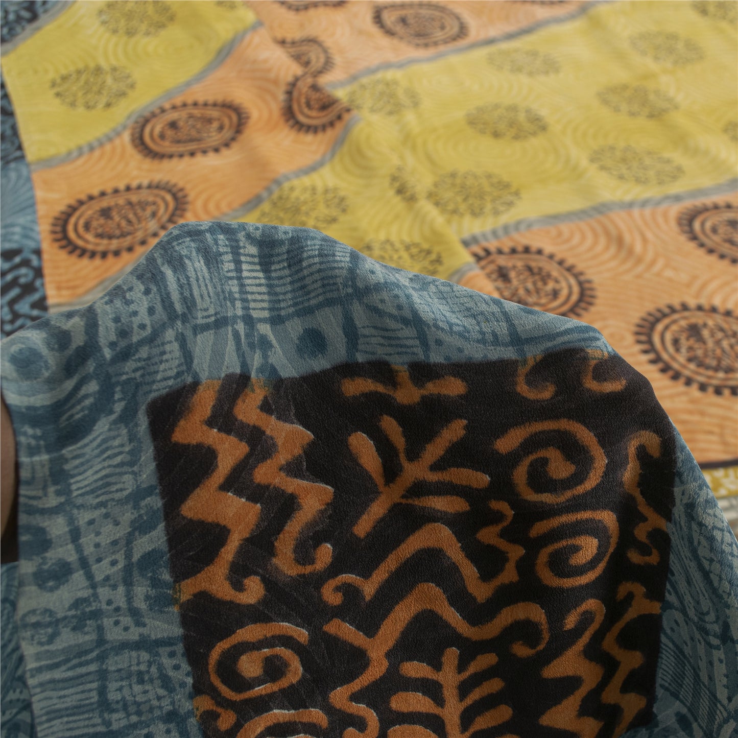 Sanskriti Vintage Sarees Blue Pure Crepe Floral Printed Sari 5+yd Craft Fabric