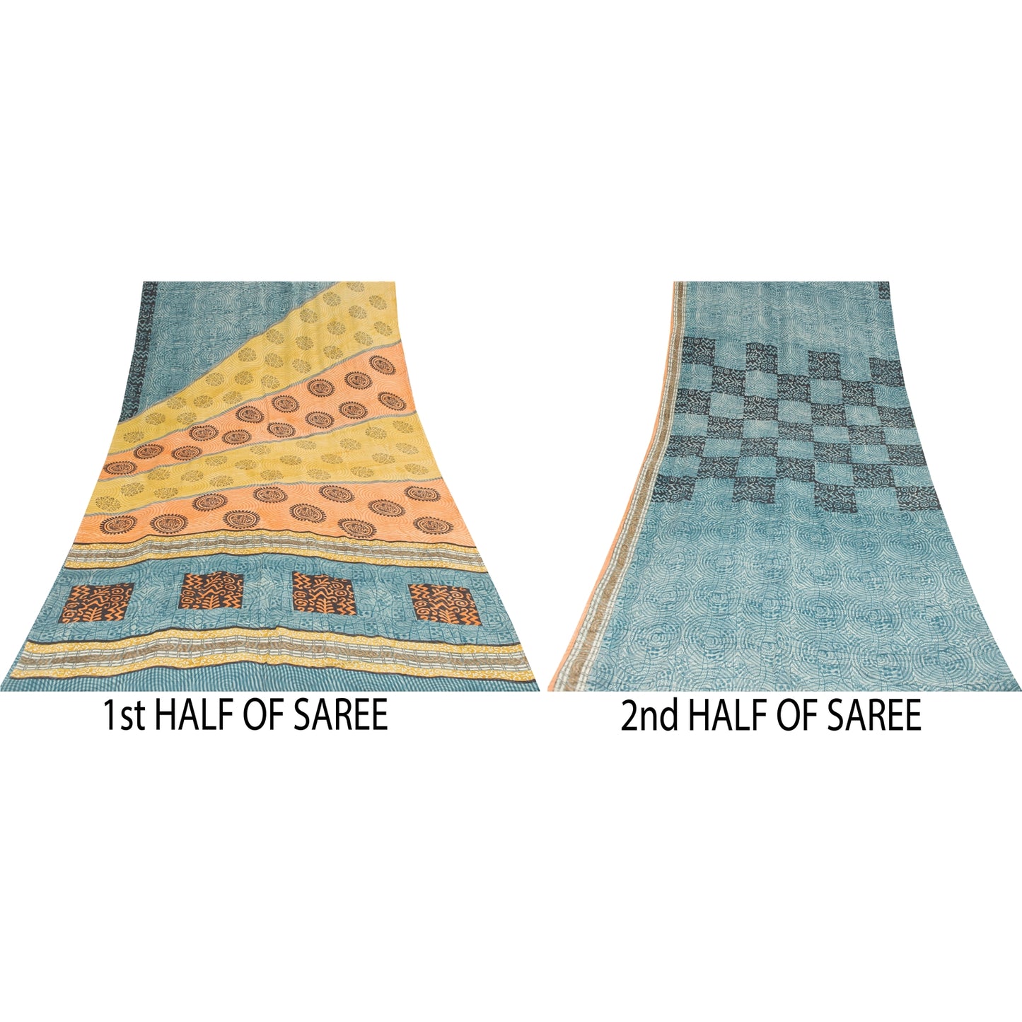 Sanskriti Vintage Sarees Blue Pure Crepe Floral Printed Sari 5+yd Craft Fabric