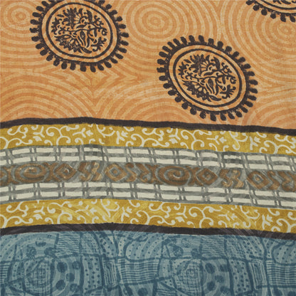 Sanskriti Vintage Sarees Blue Pure Crepe Floral Printed Sari 5+yd Craft Fabric