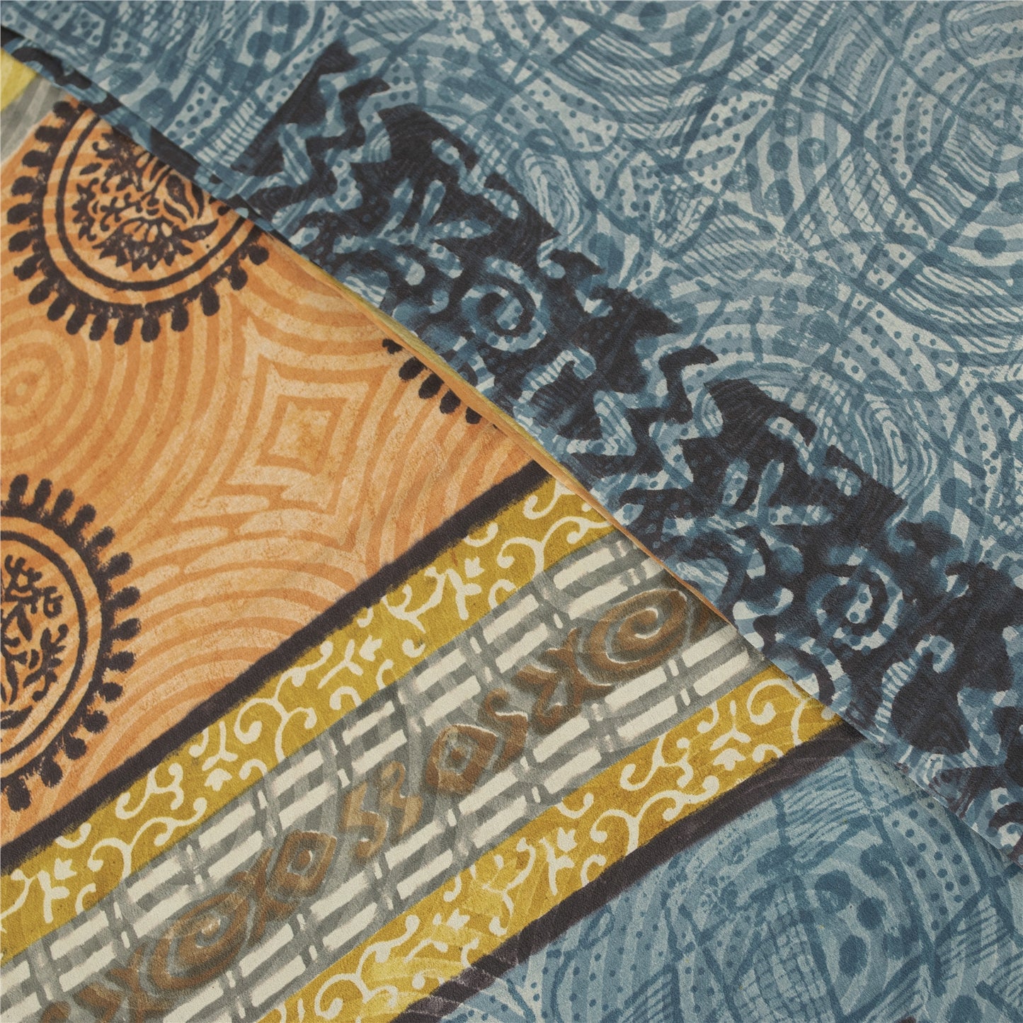 Sanskriti Vintage Sarees Blue Pure Crepe Floral Printed Sari 5+yd Craft Fabric