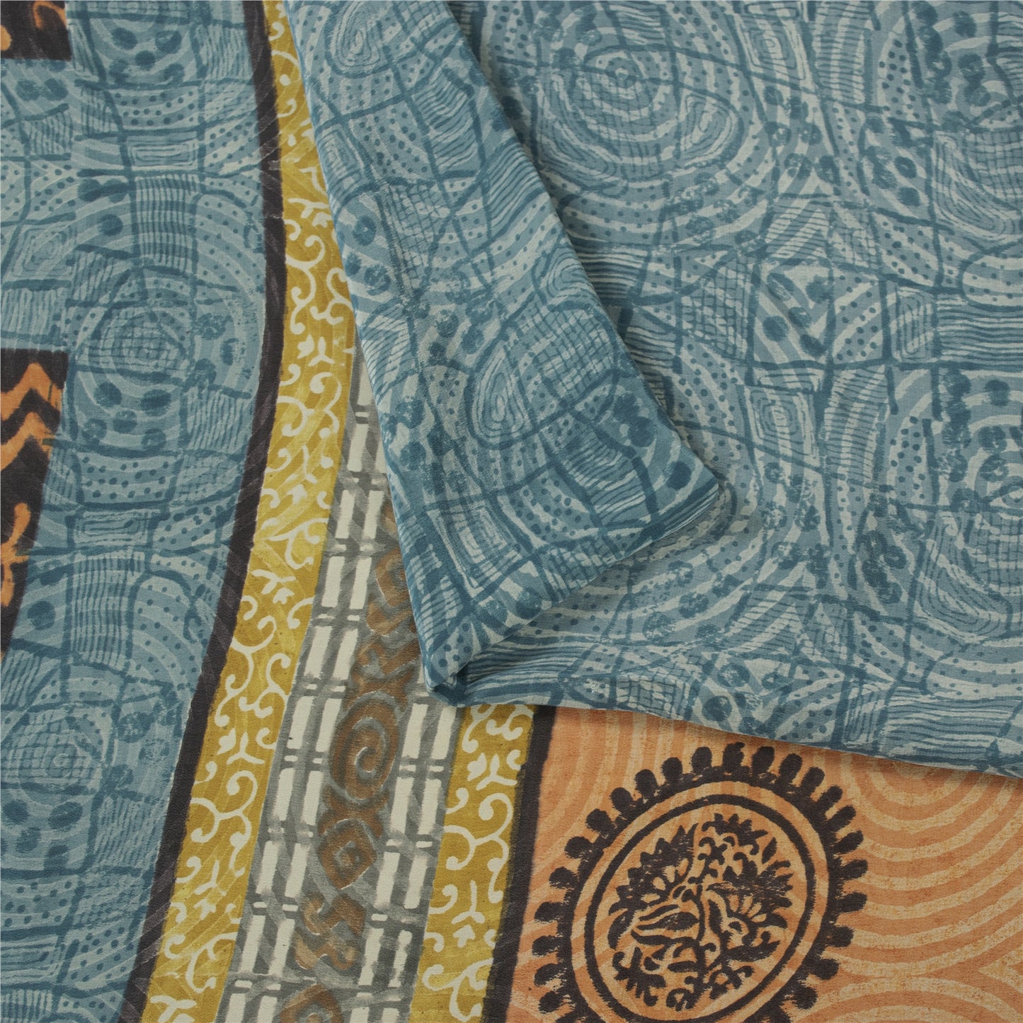 Sanskriti Vintage Sarees Blue Pure Crepe Floral Printed Sari 5+yd Craft Fabric