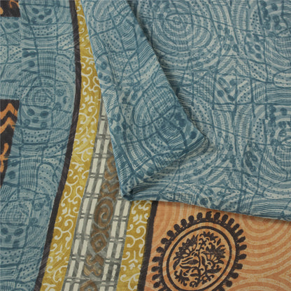 Sanskriti Vintage Sarees Blue Pure Crepe Floral Printed Sari 5+yd Craft Fabric