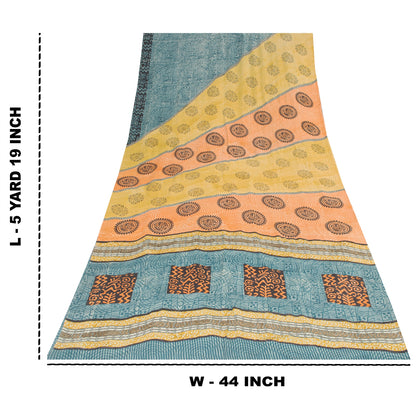 Sanskriti Vintage Sarees Blue Pure Crepe Floral Printed Sari 5+yd Craft Fabric