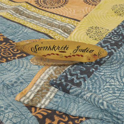 Sanskriti Vintage Sarees Blue Pure Crepe Floral Printed Sari 5+yd Craft Fabric