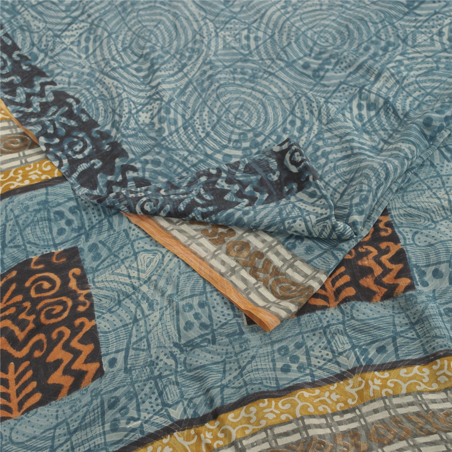 Sanskriti Vintage Sarees Blue Pure Crepe Floral Printed Sari 5+yd Craft Fabric