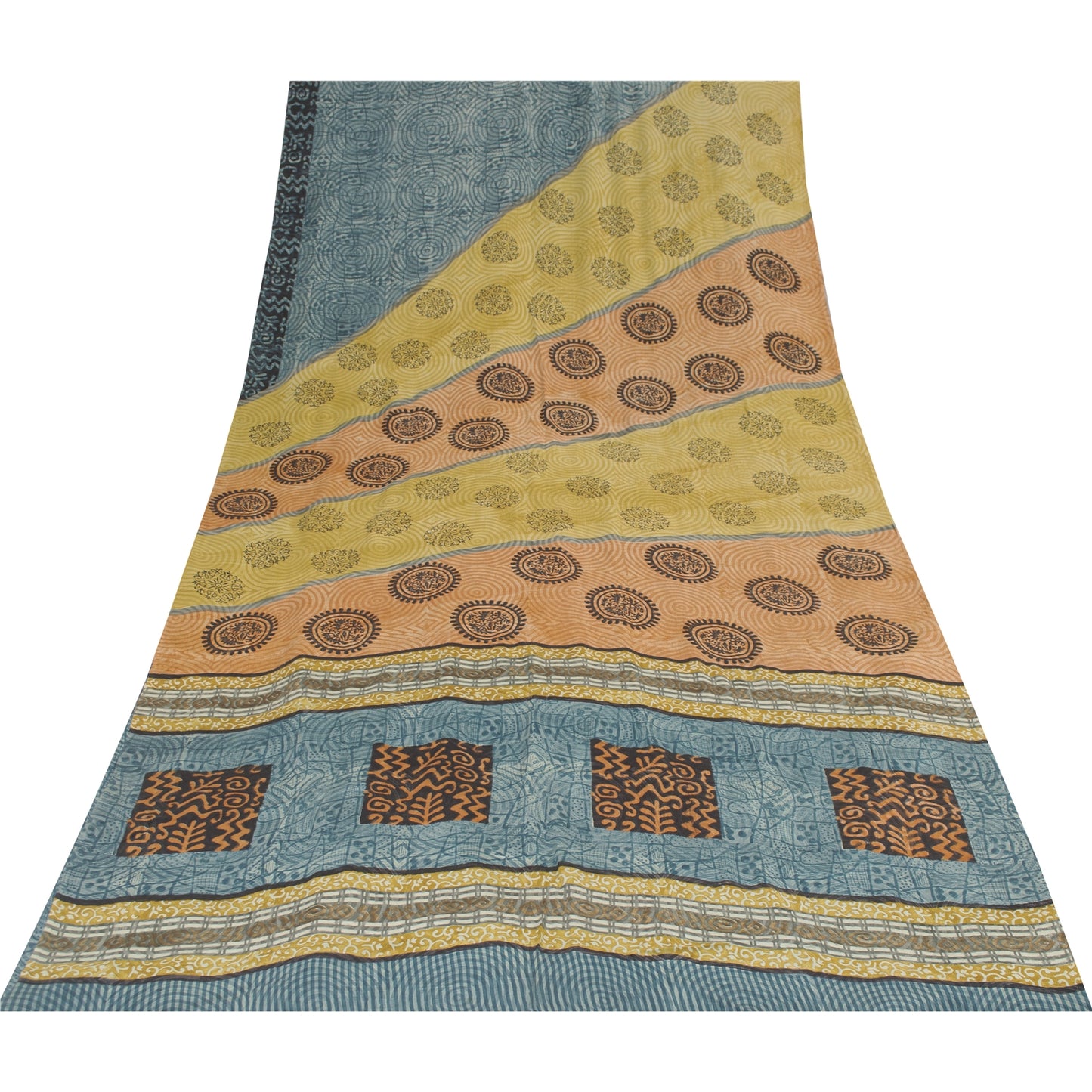 Sanskriti Vintage Sarees Blue Pure Crepe Floral Printed Sari 5+yd Craft Fabric