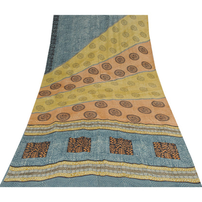 Sanskriti Vintage Sarees Blue Pure Crepe Floral Printed Sari 5+yd Craft Fabric
