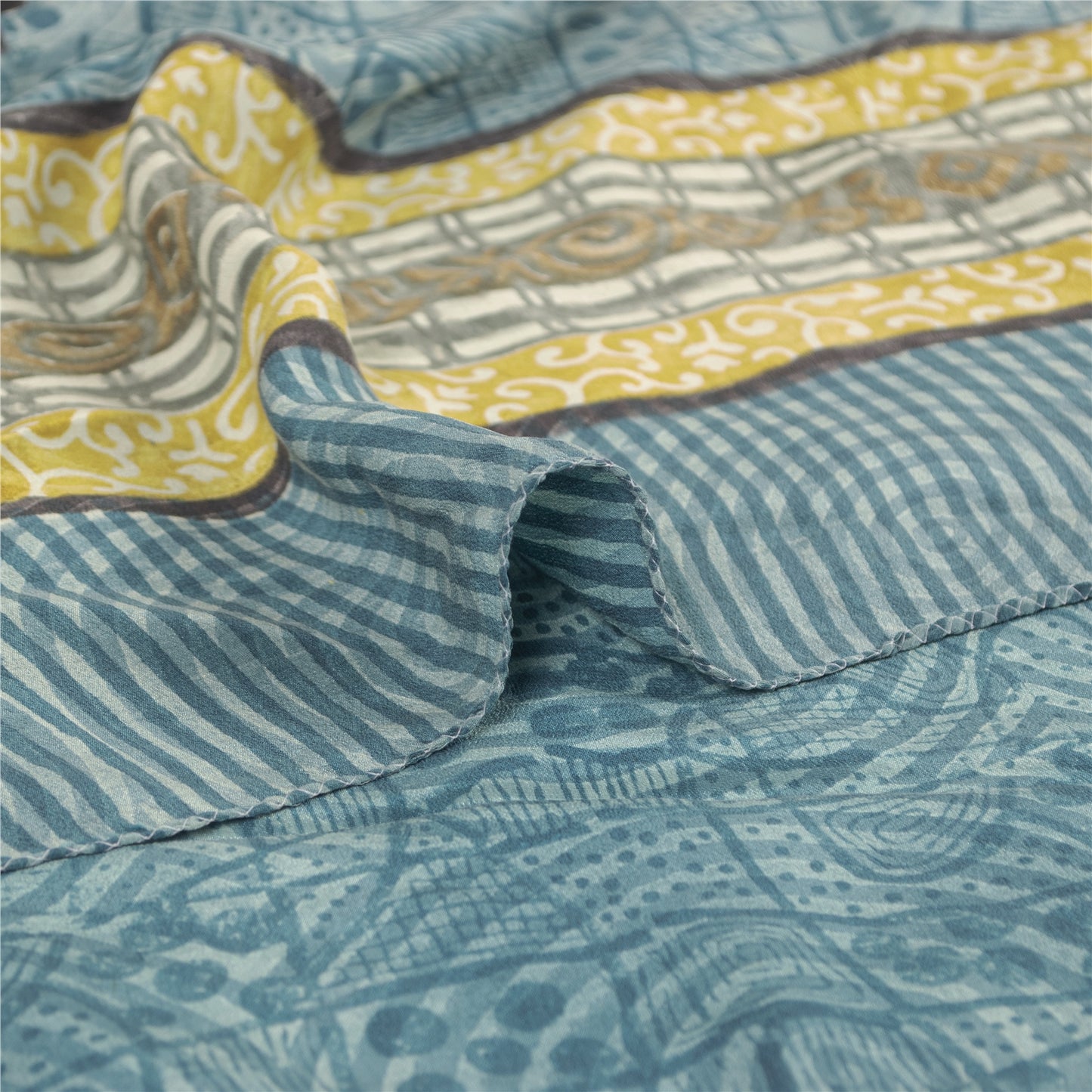 Sanskriti Vintage Sarees Blue Pure Crepe Floral Printed Sari 5+yd Craft Fabric