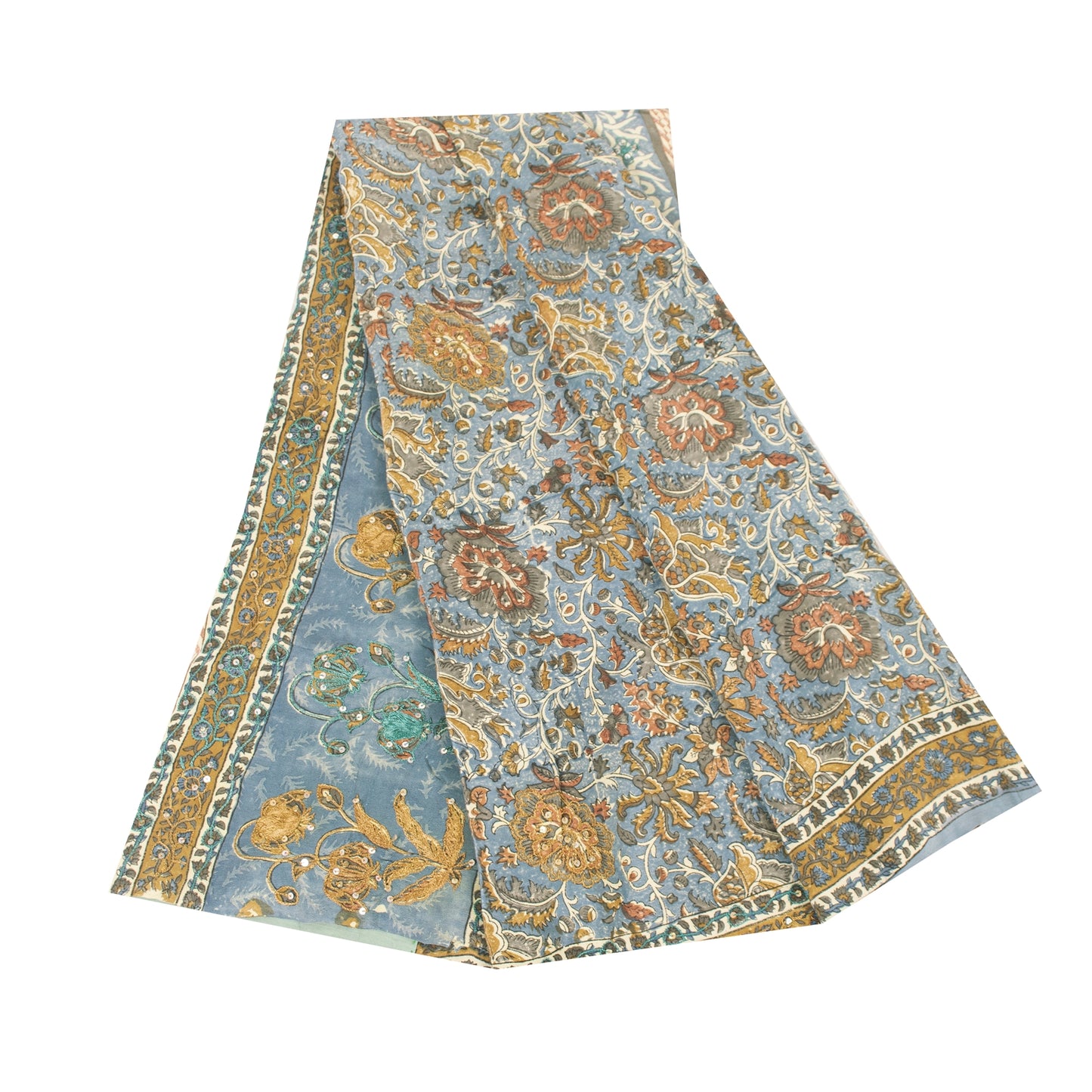 Sanskriti Vintage Sarees Blue Pure Crepe Print Embroidery Sari 5+yd Craft Fabric