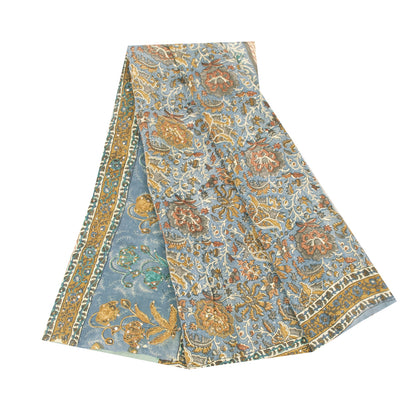 Sanskriti Vintage Sarees Blue Pure Crepe Print Embroidery Sari 5+yd Craft Fabric