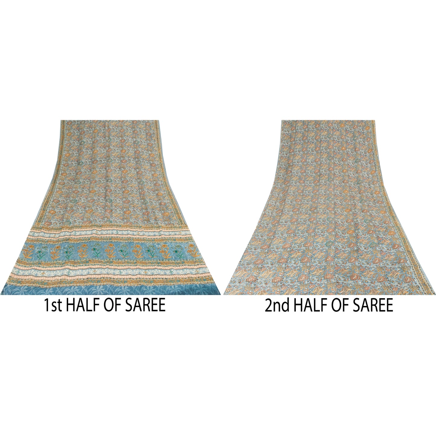 Sanskriti Vintage Sarees Blue Pure Crepe Print Embroidery Sari 5+yd Craft Fabric