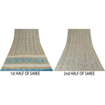 Sanskriti Vintage Sarees Blue Pure Crepe Print Embroidery Sari 5+yd Craft Fabric