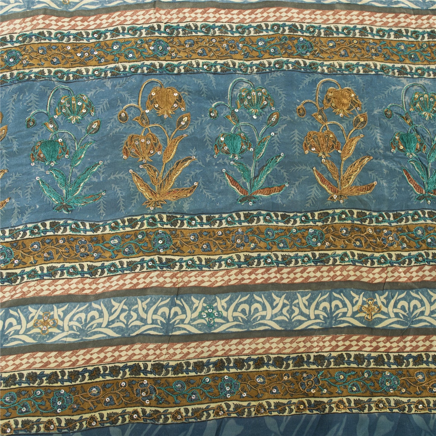 Sanskriti Vintage Sarees Blue Pure Crepe Print Embroidery Sari 5+yd Craft Fabric
