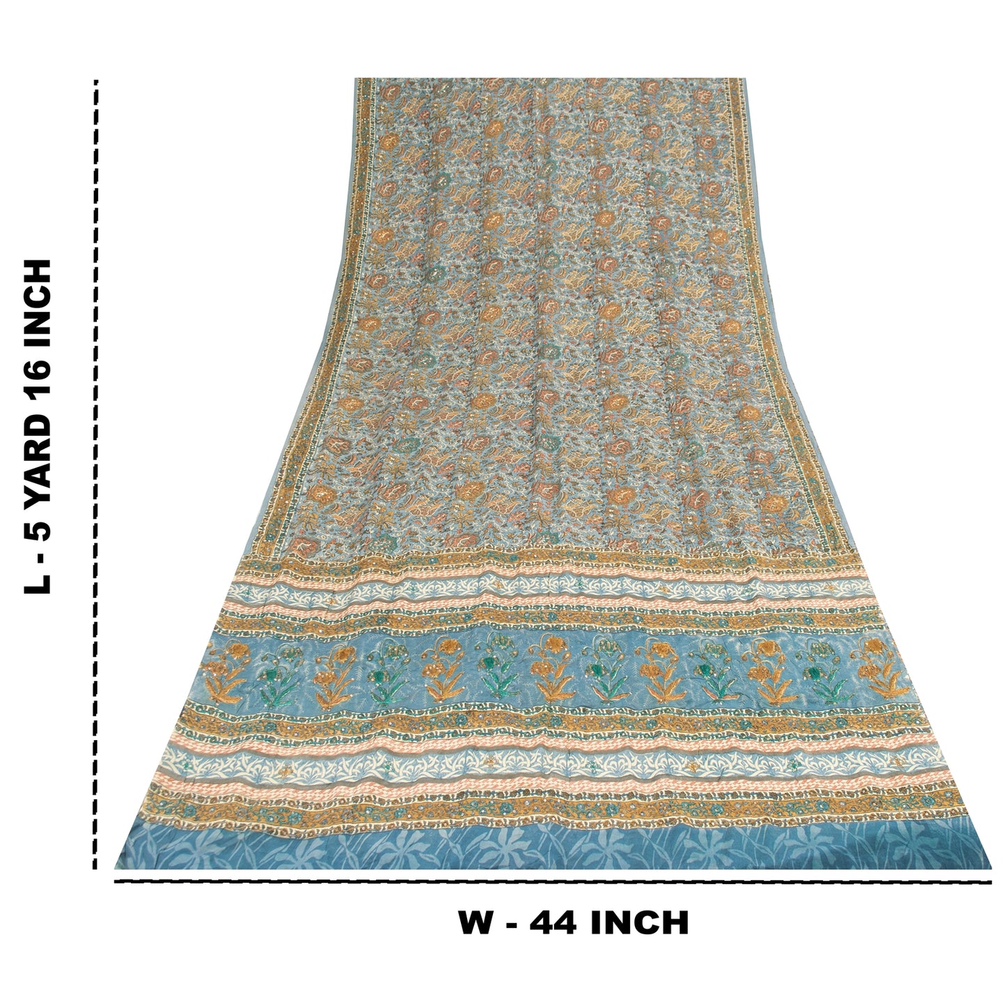 Sanskriti Vintage Sarees Blue Pure Crepe Print Embroidery Sari 5+yd Craft Fabric