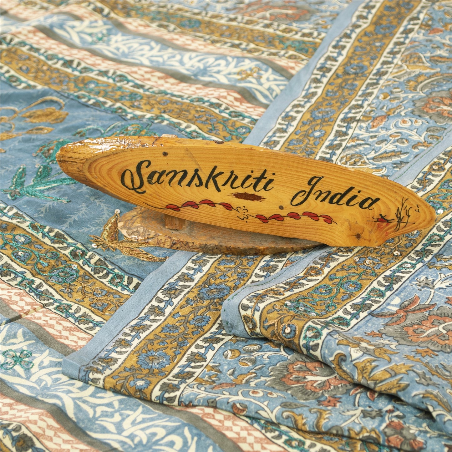 Sanskriti Vintage Sarees Blue Pure Crepe Print Embroidery Sari 5+yd Craft Fabric