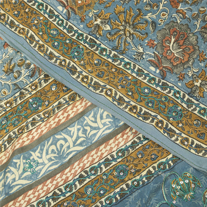 Sanskriti Vintage Sarees Blue Pure Crepe Print Embroidery Sari 5+yd Craft Fabric