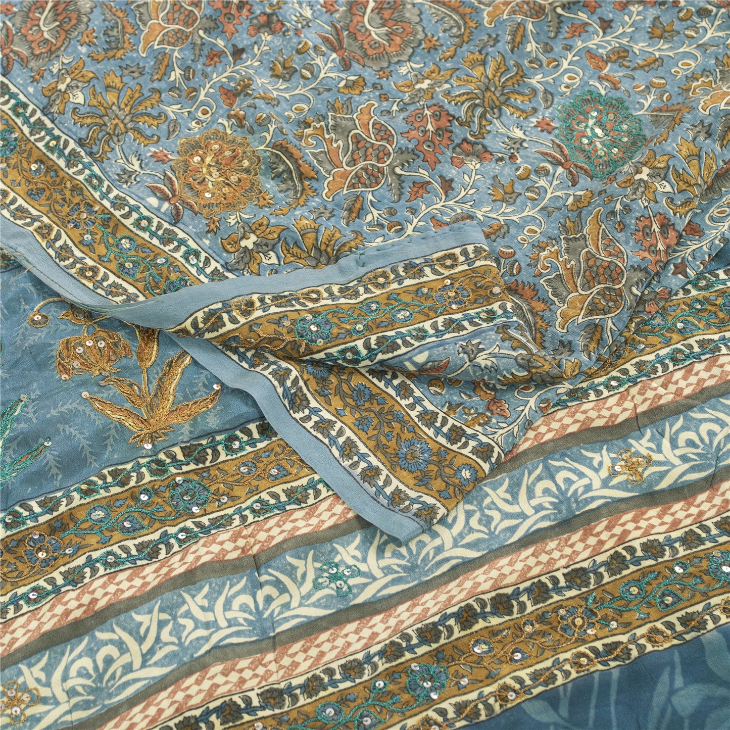 Sanskriti Vintage Sarees Blue Pure Crepe Print Embroidery Sari 5+yd Craft Fabric