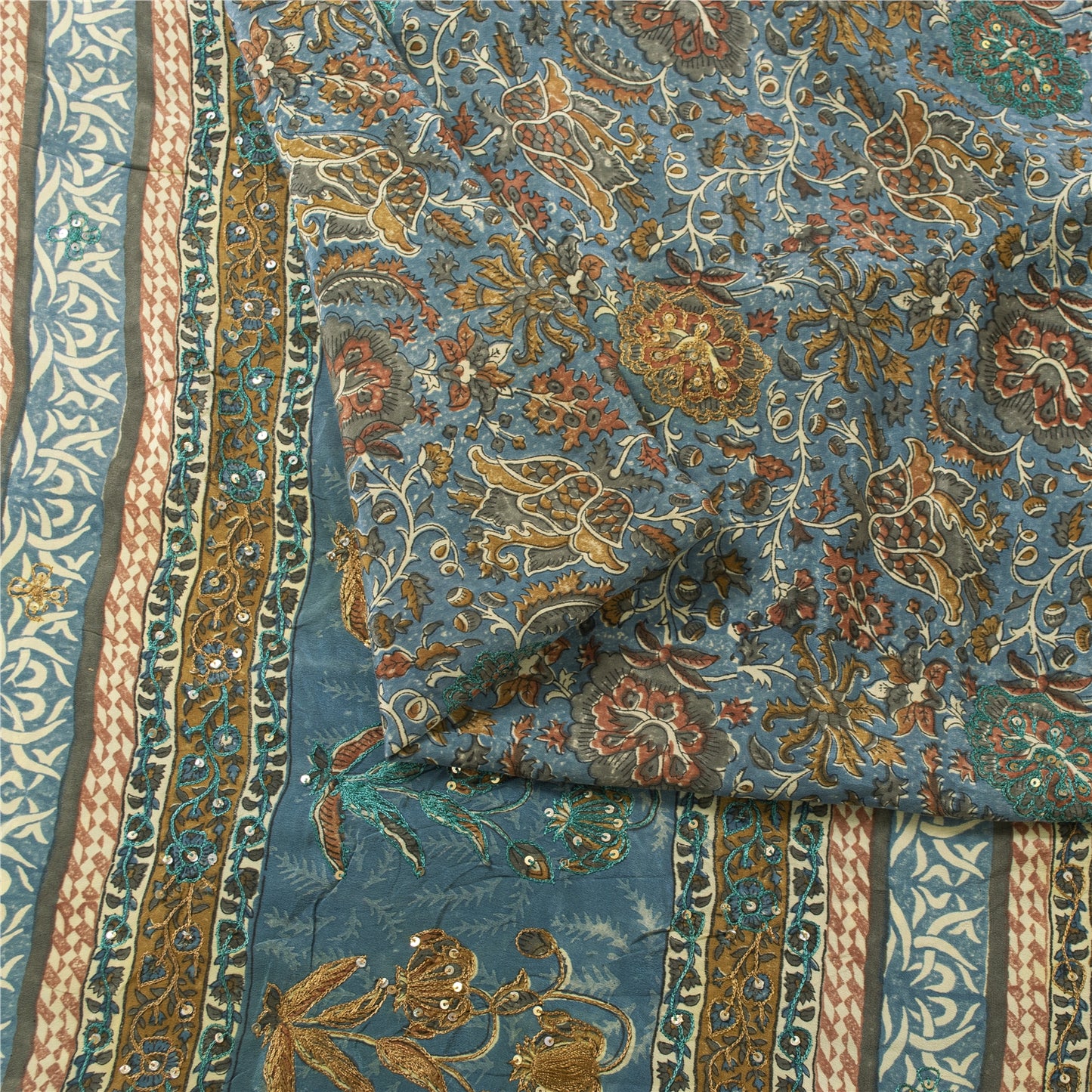 Sanskriti Vintage Sarees Blue Pure Crepe Print Embroidery Sari 5+yd Craft Fabric