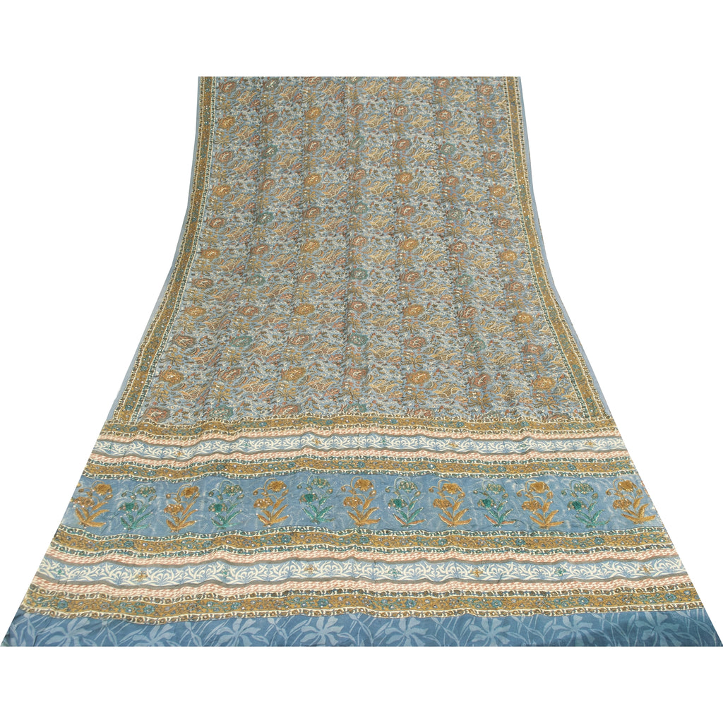 Sanskriti Vintage Sarees Blue Pure Crepe Print Embroidery Sari 5+yd Craft Fabric