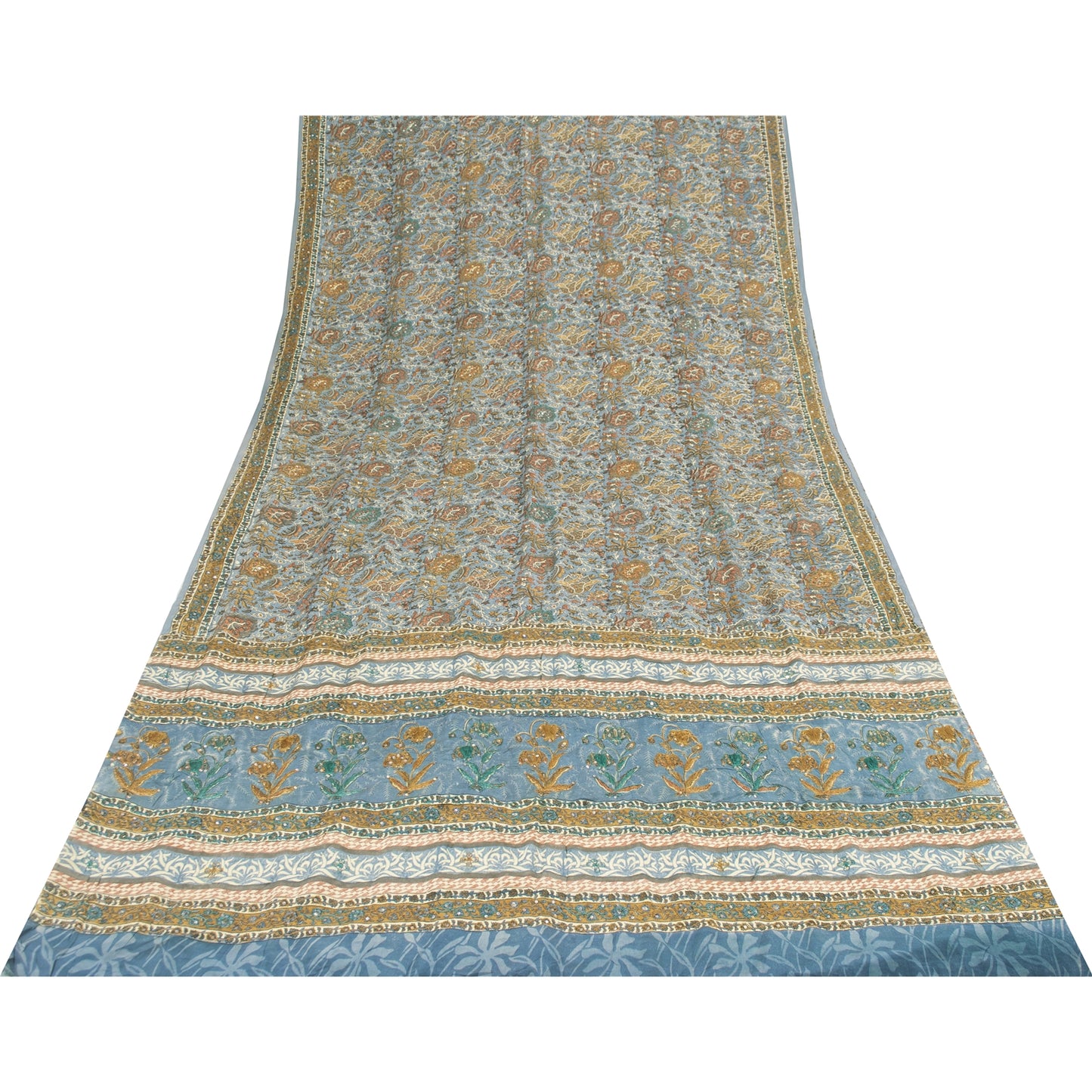 Sanskriti Vintage Sarees Blue Pure Crepe Print Embroidery Sari 5+yd Craft Fabric